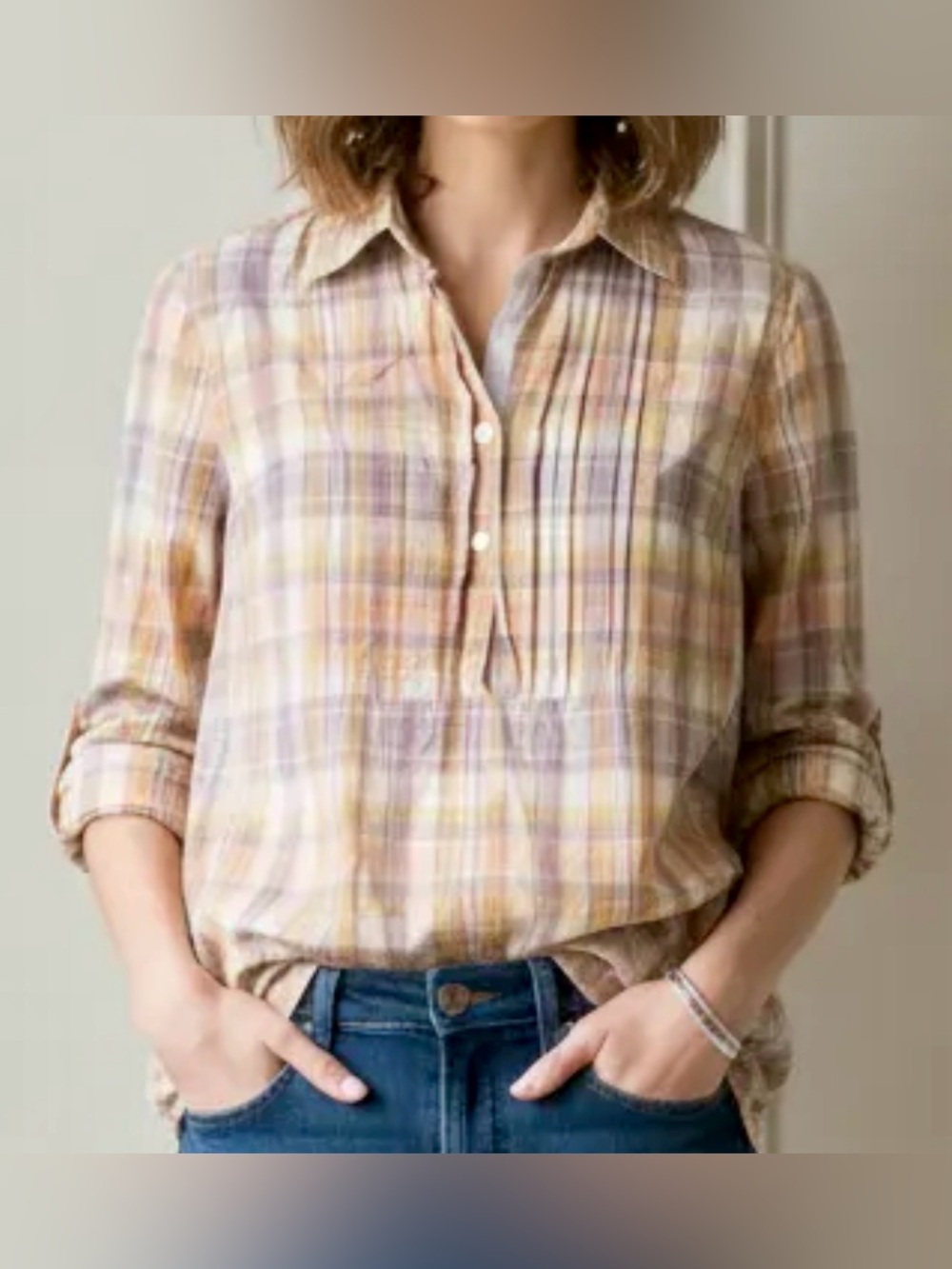 Banana Republic Plaid Henley Popover Shirt Small NWOT 100% Cotton